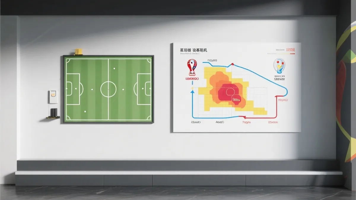 战术板与射门热区示意图，展示小组赛与淘汰赛进球路径差异
