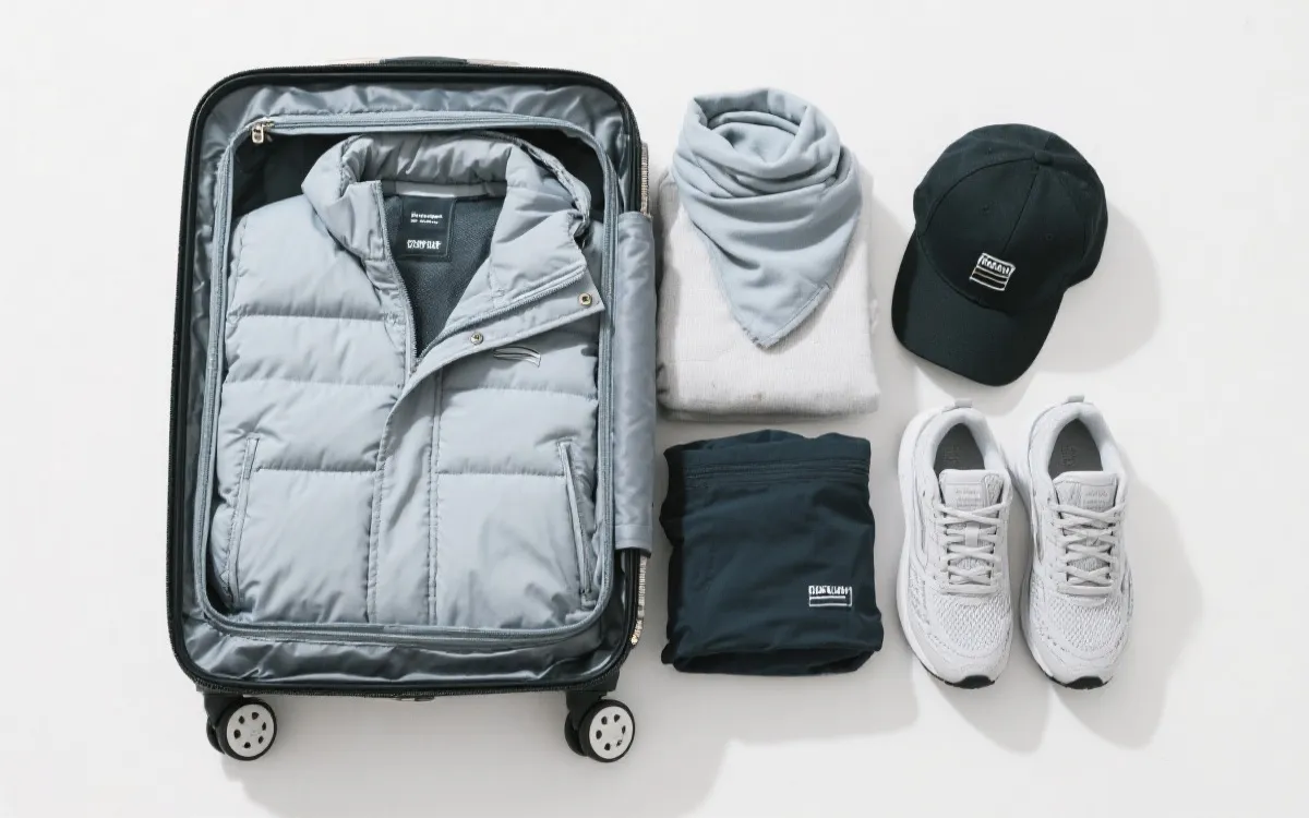 观赛行李平铺展示：分层衣物、防风外套、帽子围脖与舒适步行鞋，体现多伦多多变气候下的打包策略