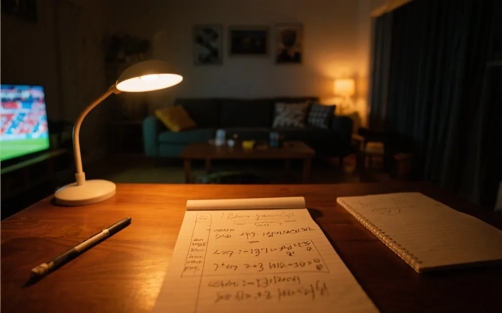 球迷在客厅深夜观赛，桌上有赛程表与时差笔记