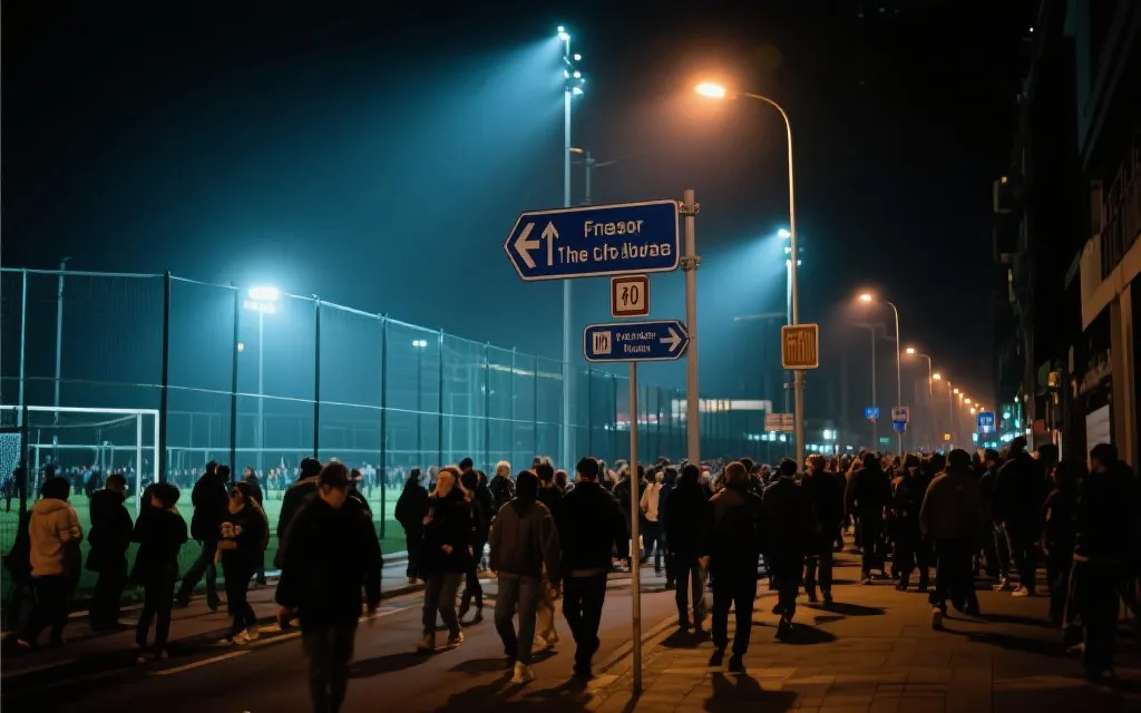 夜间球场散场人流与安全回程动线示意的城市街景